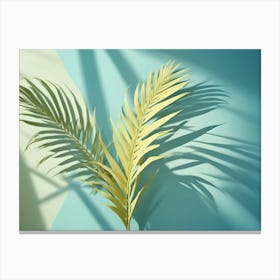 Close Up Of Two Palm Leaves Against A Green And Blue Background Canvas Print