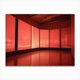 Abstract Digital Image Of A Room With Five Large Screens Displaying A Fiery, Red Landscape With Vertical Beams Of Light, Creating A Dramatic And Futuristic Atmosphere Canvas Print