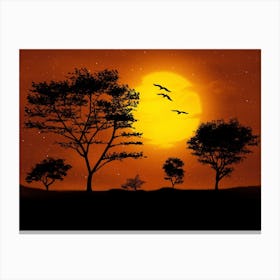 Sunset With Birds Digital Art Landscape Trees Artwork Canvas Print