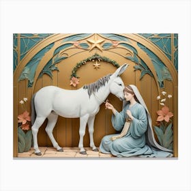 Nativity Scene with Mary and White Donkey in Art Nouveau Style Canvas Print