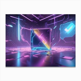 A 3d Rendering Of A Futuristic, Glowing Cube, With A Diagonal Dividing Line, Set Against A Backdrop Of Glowing Purple And Blue Lines, Symbolizing Technology And Progress Canvas Print