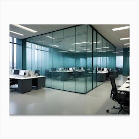 Modern Office Interior With Teal Walls And Glass Partitions, Featuring Desks, Computers, And A View Of A Cityscape Canvas Print