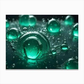 A Macro Photo Of Green Water Droplets On A Dark Surface, Creating A Vibrant And Abstract Design Canvas Print