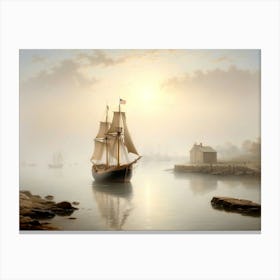 Ship In Fog Gloucester Harbor 1 Canvas Print