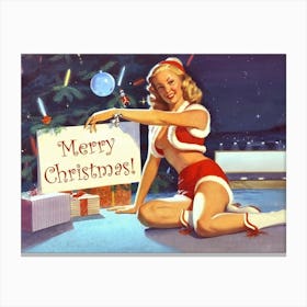 Pinup Sexy Girl In Red Costume Wishes You A Merry Christmas Canvas Print