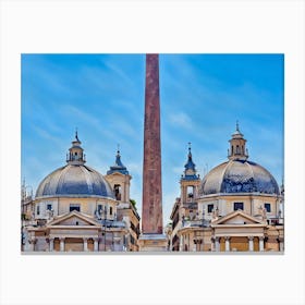 Twin Churches and Obelisk at Piazza del Popolo, Rome. This image showcases the iconic twin churches, Santa Maria dei Miracoli and Santa Maria in Montesanto, located at Piazza del Popolo in Rome, Italy. Between the two churches stands the ancient Egyptian obelisk, known as the Flaminio Obelisk, which adds to the historical and architectural significance of the scene. The clear blue sky enhances the beauty of the architectural details and the grandeur of the structures. Canvas Print