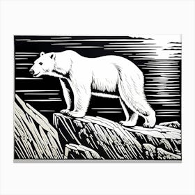 Playful Polar Bear On Cliff Linocut Black And White art, animal art, 156 Canvas Print
