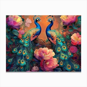 Peacocks And Roses Canvas Print