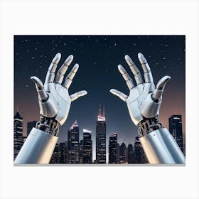 Two Robotic Hands Reach Upwards, Seemingly In Celebration, Against A Nighttime Cityscape Backdrop With Stars Visible In The Sky Canvas Print