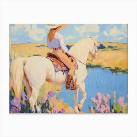 Cowgirl Riding A White Horse By The Lake Canvas Print