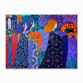 "Corteo delle Principesse" (Procession of Princesses) is a captivating oil painting by Italian artist Vittorio Zecchin (, completed in 1914. This work is a prime example of Italian Art Nouveau, or Liberty style, characterized by its decorative elegance and harmonious composition. The painting draws inspiration from the tale of Aladdin in the "One Thousand and One Nights," specifically the moment when Aladdin's opulent procession arrives to claim his betrothed. One of the painting's unique attributes is its intricate detailing, which mirrors the delicate craftsmanship of Murano glass—a medium with which Zecchin was intimately familiar, given his background and later work as a glass designer. The lavish use of color and gold leaf create a mesmerizing effect, drawing viewers into a dreamlike interpretation of the Orientalist theme popular in early 20th-century Europe. The original painting is housed in the International Gallery of Modern Art at Ca' Pesaro in Venice. Canvas Print