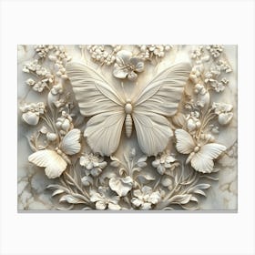 Butterfly And Flowers, 3d Garden Carved In Marble Stone Canvas Print