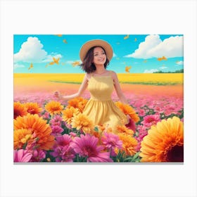 Asian Girl In A Flower Field Canvas Print