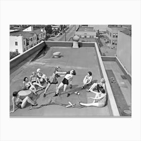 Women Boxing on Roof, Vintage Black and White Old Photo Canvas Print