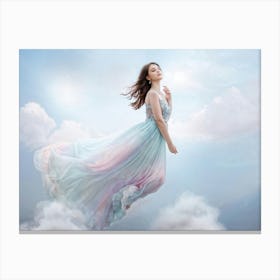 Girl Levitating Amidst Wispy Translucent Clouds Against A Soft Pastel Sky Flowing Dress Trailing G Canvas Print