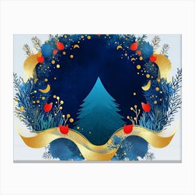 Dark Blue Art From The Contemporary Era Christmas Tree, Mountain, Deer, Birds and Waves 1 Canvas Print