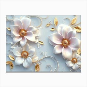 3d Art with White and Pink Flowers, Golden Swirls and Leaves on Light Blue Background Canvas Print