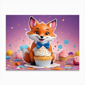 Cute, Cartoonish, 3d Illustration Of A Fox Wearing A Blue Bow Tie, Holding A Cupcake Canvas Print