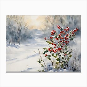 Snowy Winter Landscape With Holly Canvas Print