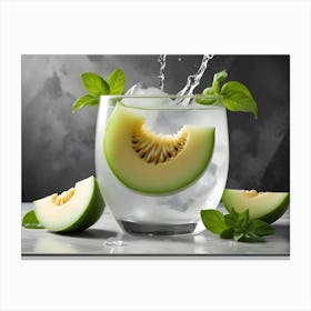 A Slice Of Cantaloupe In A Glass Of Water With Ice And Basil, With More Slices And Basil Surrounding It Canvas Print