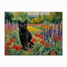 Black Cat In A Flower Field Canvas Print