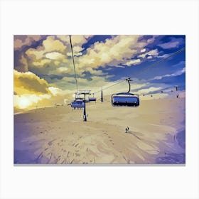 Ski Lift in the Mountains Italian Alps Dolomites. A digital painting depicts a ski lift ascending a snowy mountainside. The sky is a vibrant blue with fluffy white clouds, casting a warm glow on the scene. Several ski lift cabins are visible, with one in the foreground hanging suspended in the air. Two figures are skiing on the snow below, enjoying the winter scenery. Canvas Print