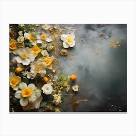 White And Yellow Flowers On A Black Background Canvas Print