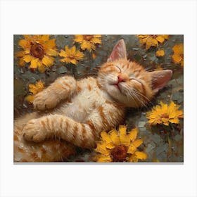 Whiskered Masterpieces: A Feline Tribute to Art History: Cat Sleeping With Sunflowers Canvas Print