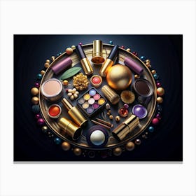 Makeup Products Arranged In Circle On Golden Tray Canvas Print