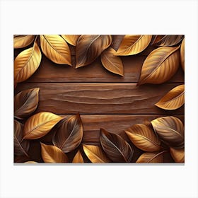 Golden And Brown Leaves and Feathers on Wooden Brown Background Canvas Print