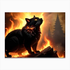 Black Cat With Glowing Eyes Stands Atop A Rock, Silhouetted By A Raging Fire Canvas Print