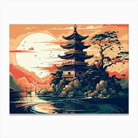 Retro Illustration Landscape In Japanese Style Canvas Print