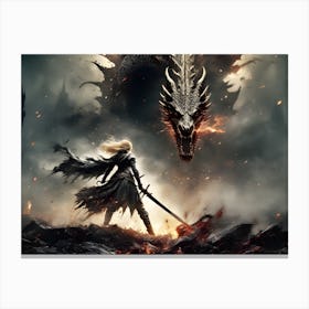 A Warrior Stands Before A Great Dragon Canvas Print