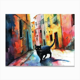 Black Cat In Salerno, Italy, Street Art Watercolour Painting 2 Canvas Print
