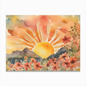 Sunset in the Mountains, Boho Landscape, Wildflowers Canvas Print