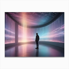 A Man In A Futuristic Room Standing In Front Of A Large, Curved Screen Displaying A Glowing City Landscape Canvas Print