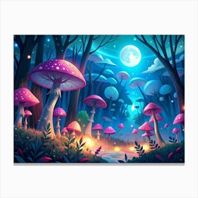 Magical Forest With Glowing Mushrooms And A Full Moon Canvas Print