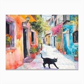 Antalya, Turkey   Black Cat In Street Art Watercolour Painting 2 Canvas Print