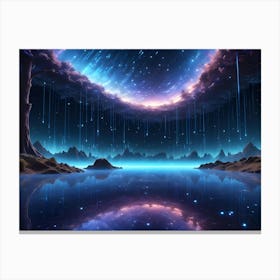 An Ethereal Landscape With Glowing, Blue Tendrils Cascading From A Swirling, Cosmic Cloud Above A Tranquil Lake, Reflected In Its Still Waters Canvas Print