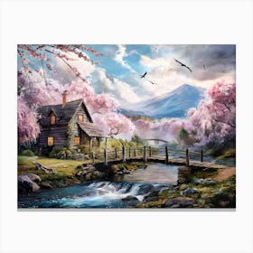 Mountain River and Cherry Blossom Painting#7 Canvas Print