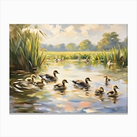 Ducklings Intermingling With Canadian Geese Gentle Ripples Spreading Across A Shallow Pond Reflect Canvas Print