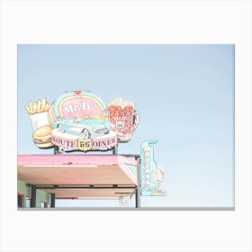 Route 66, USA I Retro vintage neon sign for 50s American diner Mr D'z in pastel pink, blue aesthetic photography with a vintage car fries, burger and beer as an illustration drawing art in Arizona or California Canvas Print