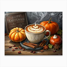 Autumnal Pumpkin Spice Latte With Pumpkins And Cinnamon Sticks Canvas Print