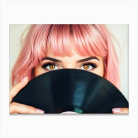 Pink Haired Girl Holding A Record Canvas Print