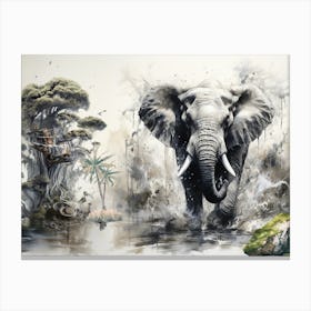 Elephants In The Jungle. Black, brown, grey, green pastel. Animal print. Livingroom print art Canvas Print