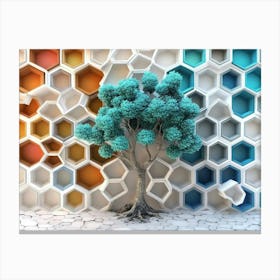 Oak And White Lattice Form The Backdrop For A Turquoise Tree Amid Colorful, Dynamic Hexagons Canvas Print