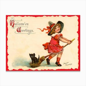 Little Girl With A Broom And A Black Cat Behind Canvas Print