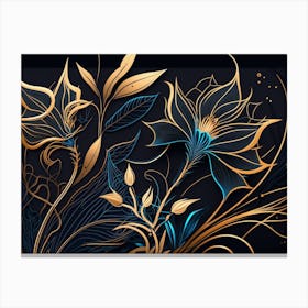 Gold And Blue Floral Painting Canvas Print