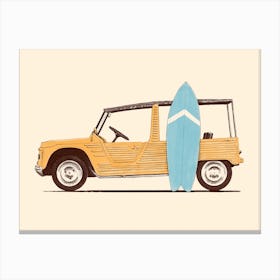 Vintage Car With Surfboard Yellow & Blue Canvas Print
