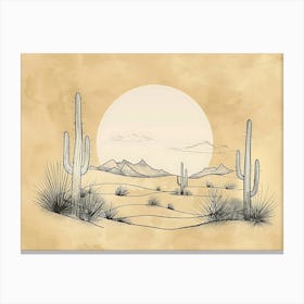 Desert Landscape Illustration With Cacti Sun And Mountains Canvas Print